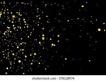 Imitation of gold glitter explosion on black background made of spray paint. Golden festive blow texture of confetti. Golden grunge grainy spray abstract texture of snowflakes. Holiday background.