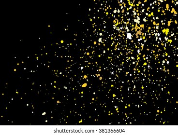 Imitation of gold glitter explosion on black background made of spray paint. Golden festive blow texture of confetti. Golden grunge grainy spray abstract texture of snowflakes. Holiday background.