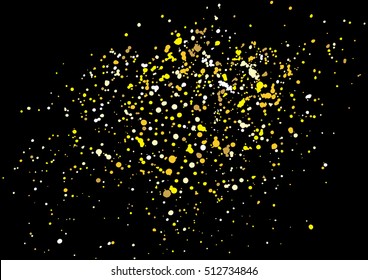 Imitation of gold glitter explosion on black background made of spray paint. Golden grunge grainy spray abstract texture of snowflakes. Holiday background.