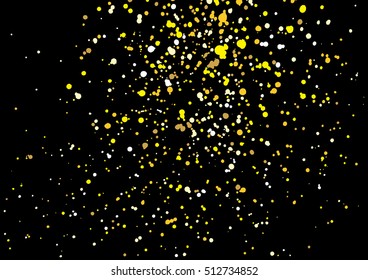 Imitation of gold glitter explosion on black background made of spray paint. Golden grunge grainy spray abstract texture of snowflakes. Holiday background.