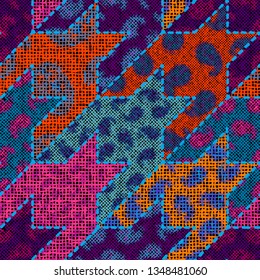Imitation of indian patchwork pattern with texture canvas Hounds-tooth pattern. Vector seamless image.