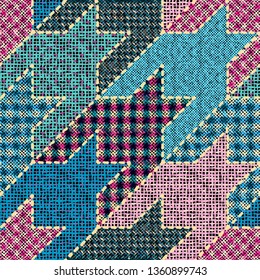 Imitation of indian patchwork pattern with texture canvas Hounds-tooth pattern. Vector seamless image.