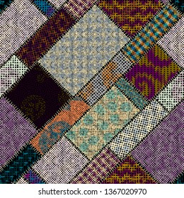 Imitation of indian patchwork pattern with texture canvas Vector seamless image.
