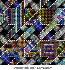 Imitation of indian patchwork pattern with texture canvas Hounds-tooth pattern. Vector seamless image.