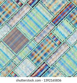 Imitation of indian patchwork pattern with texture canvas Vector seamless image.