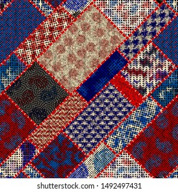 Imitation of indian patchwork pattern with texture canvas Hounds-tooth pattern. Vector seamless image.