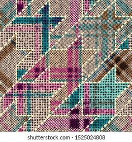 Imitation of indian patchwork pattern with texture canvas Hounds-tooth pattern. Vector seamless image.