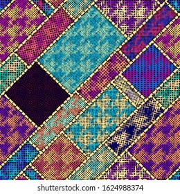 Imitation of indian patchwork pattern with texture canvas Hounds-tooth pattern. Vector seamless image.