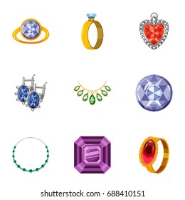 Imitation jewelry icons set. Cartoon set of 9 imitation jewelry vector icons for web isolated on white background