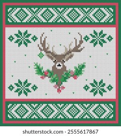 Imitation of knitted winter pattern with deer and holiday decoration. Norwegian style knitted sweater. Ugly sweater.