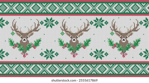 Imitation of knitted winter pattern. Seamless pattern with deer and holiday decoration. Norwegian style knitted sweater. Ugly sweater.