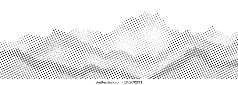 Imitation of a mountain landscape, banner, shades of gray. Vector halftone dots background, fading dot effect. 