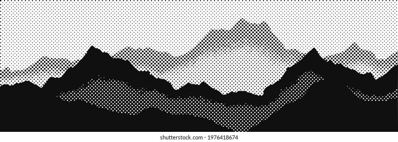 Imitation of a mountain landscape, banner, shades of gray. Vector halftone dots background, fading dot effect. 