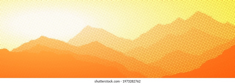 Imitation of a mountain landscape, banner. Vector halftone dots background, fading dot effect. 