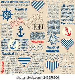 Imitation of newspaper in nautical style with grunge elements. Text is unreadable. Seamless background pattern.