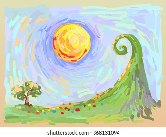 imitation of oil painting, impressionistic landscape, vector illustration