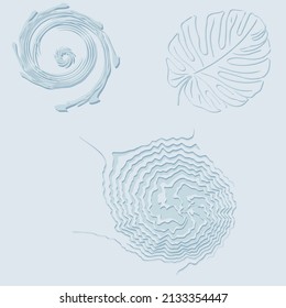 Imitación de yeso, tres bocetos de figuras, hoja de monstera, espiral torcida, zigzag
