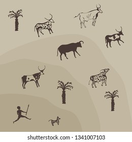 Imitation of prehistoric drawing of hunting scene on a cave wall. Bison, hunter and a dog