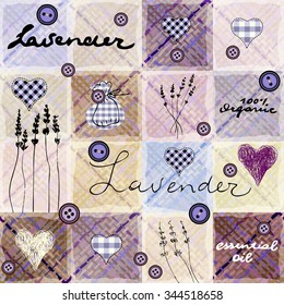 Imitation of retro background Lavender with original inscriptions. Seamless pattern.
