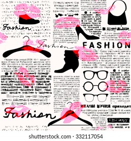 Imitation of retro newspaper background with the inscription of Fashion and print of lipstick.. Seamless pattern.