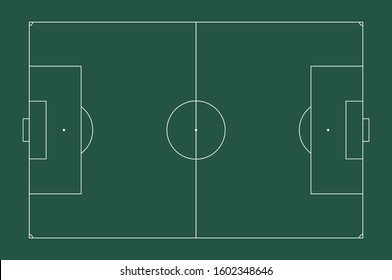 Imitation of a sports European football field. Top view for easy use in strategy or background. White marking lines on green. Flat style.