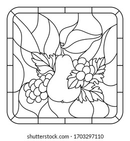 Imitation of stained glass with pear and grapes. Vector.