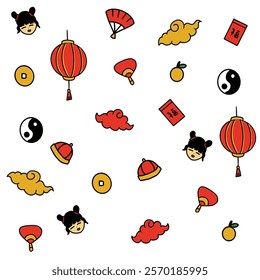 Imlek Chinese New Year Doodle pattern Icons for Background