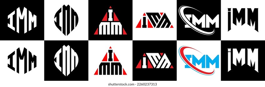 IMM letter logo design in six style. IMM polygon, circle, triangle, hexagon, flat and simple style with black and white color variation letter logo set in one artboard. IMM minimalist and classic logo