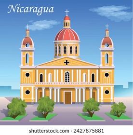 Immaculate Conception of Mary Cathedral Church (Granada). Nicaragua travel poster. Vector realistic illustration