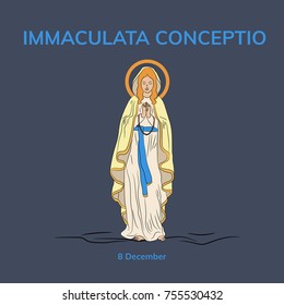 Immaculate Conception of the Virgin Mary. December 8. Greeting card. Flat vector illustration