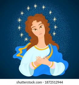 Immaculate Conception of the Virgin Mary with stars around her head and blue sparkly glitter background