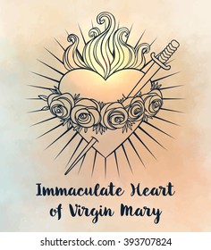 Immaculate Heart of Blessed Virgin Mary, Queen of Heaven. Vector illustration over vintage background. Trendy Vintage style element. Dark romance, philosophy, spirituality, occultism, alchemy, love. 