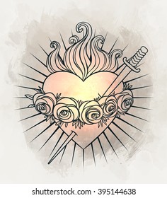 Immaculate Heart of Blessed Virgin Mary, Queen of Heaven. Vector illustration over vintage background