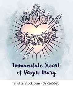 Immaculate Heart of Blessed Virgin Mary, Queen of Heaven. Vector illustration over vintage background. Trendy Vintage style element. Dark romance, philosophy, spirituality, occultism, alchemy, love. 