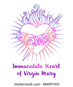 Immaculate Heart of Blessed Virgin Mary, Queen of Heaven. Vector bright colorful illustration white background. Vintage element. Religion, purity, sacrifice, spirituality, occultism. Tattoo design.