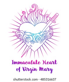 Immaculate Heart of Blessed Virgin Mary, Queen of Heaven. Vector bright colorful illustration white background. Vintage element. Religion, purity, sacrifice, spirituality, occultism. Tattoo design.