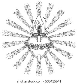 Immaculate Heart of Blessed Virgin Mary in rays of sun on white background. Black and white coloring page.