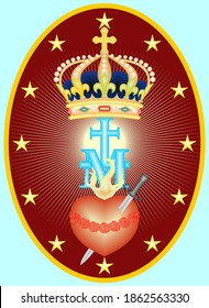 Immaculate Heart of Mary, a religious medal with symbols of a heart pierced by the sword, monogram M, the Cross, the crown, all surrounded by twelve stars