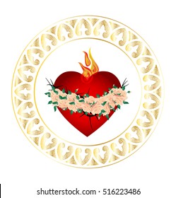 Immaculate Heart of Virgin Mary, Mother of God with crown of roses and flames. Traditional catholic devotional color vector illustration, graphic element.