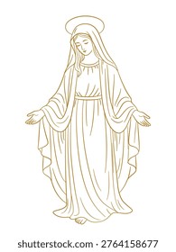 Immaculate Virgin Mary full figure with halo and open arms — elegant line art vector illustration. Mary in long robes with a veil and golden halo, with arms extended in a gesture of blessing and acceptance. Perfect graphic for religious cards, devotional materials, prayer cards and church publications.