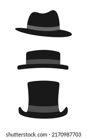 Immagini vettoriali di un cappello elegante da gangster, di un cappello a cilindro e di un cappello vintage.