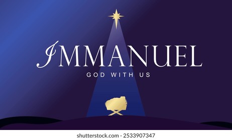 Immanuel God with us golden lettering and baby Jesus in the manger. Vector silhouettes Jesus in manger in the light of the star of Bethlehem and Bible quote. Symbols of Holy Night for banner or poster