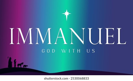 Immanuel - God with us, Nativity scene banner with lettering and Bethlehem star. Vector silhouettes shepherds, donkey, sheep and text. Traditional Christian symbols of Holy Night