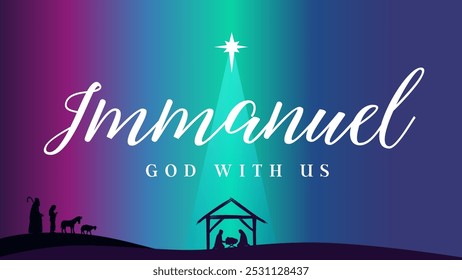 Immanuel, God with us - text and Bethlehem star Christmas scene poster. Vector silhouettes shepherds, sheeps, Mary, Joseph and Jesus in manger. Holy Night, Christian symbols