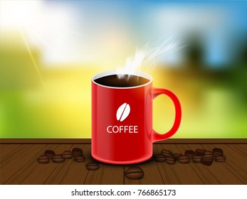 Immediate Arabica coffee is surrounded by countless coffee beans. A 3D illustration is placed on a wooden background.