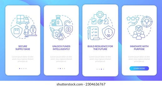 Immediate attention areas blue gradient onboarding mobile app screen. SCM walkthrough 4 steps graphic instructions with linear concepts. UI, UX, GUI template. Myriad Pro-Bold, Regular fonts used