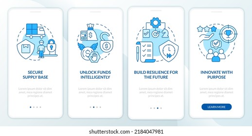 Immediate attention areas blue onboarding mobile app screen. SCM walkthrough 4 steps editable graphic instructions with linear concepts. UI, UX, GUI template. Myriad Pro-Bold, Regular fonts used