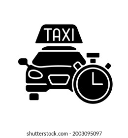 Immediate availability black glyph icon. The ability to quickly order a taxi. Affordable ride. Car icon with clock face. Silhouette symbol on white space. Vector isolated illustration