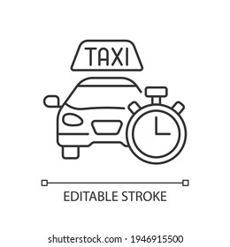 Immediate availability linear icon. The ability to quickly order a taxi. Car icon with clock face. Thin line customizable illustration. Contour symbol. Vector isolated outline drawing. Editable stroke