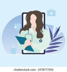 Immediately medical consultation with practitioner, online healthcare and help use smartphone, physician consult and urgent appointment. Vector illustration